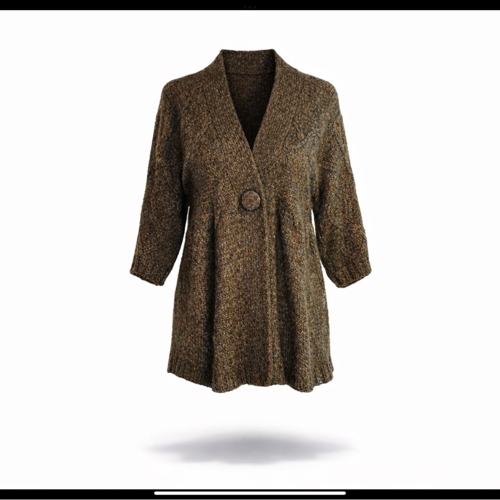 Cottagecore Textured Knit Cardigan Olive Brown Turquoise Open Front Sweater